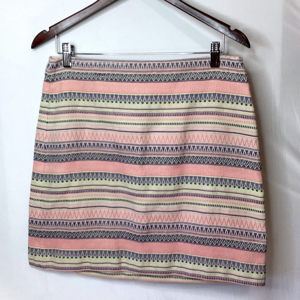 LOFT Size 10 Mini Skirt Striped Geometric Pink Blue Green Women's Career